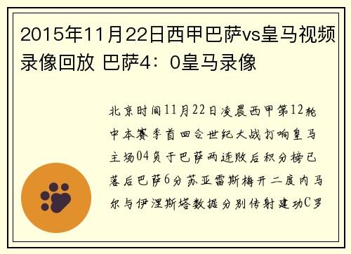 2015年11月22日西甲巴萨vs皇马视频录像回放 巴萨4：0皇马录像