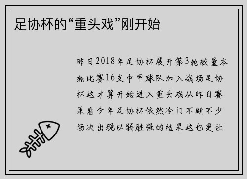 足协杯的“重头戏”刚开始